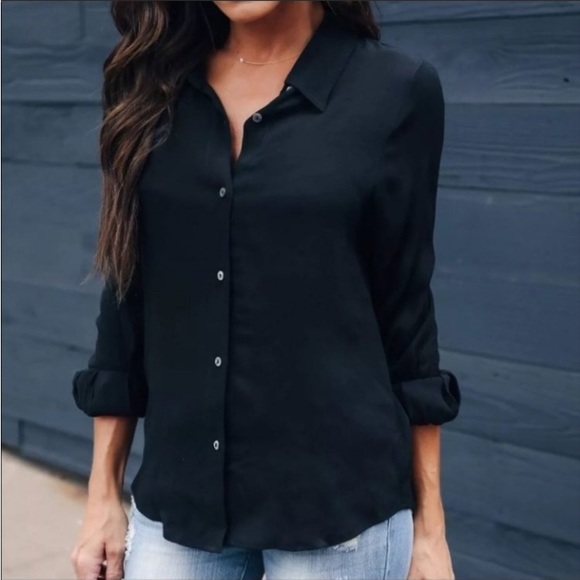 Black polo shirt button front long sleeve tops - Picture 5 of 5